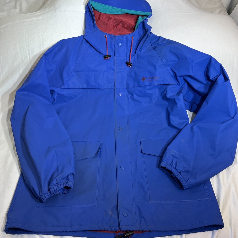 Vintage Columbia Sportswear Blue Rain Jacket PVC Shell Mens Large RM0120 Hooded